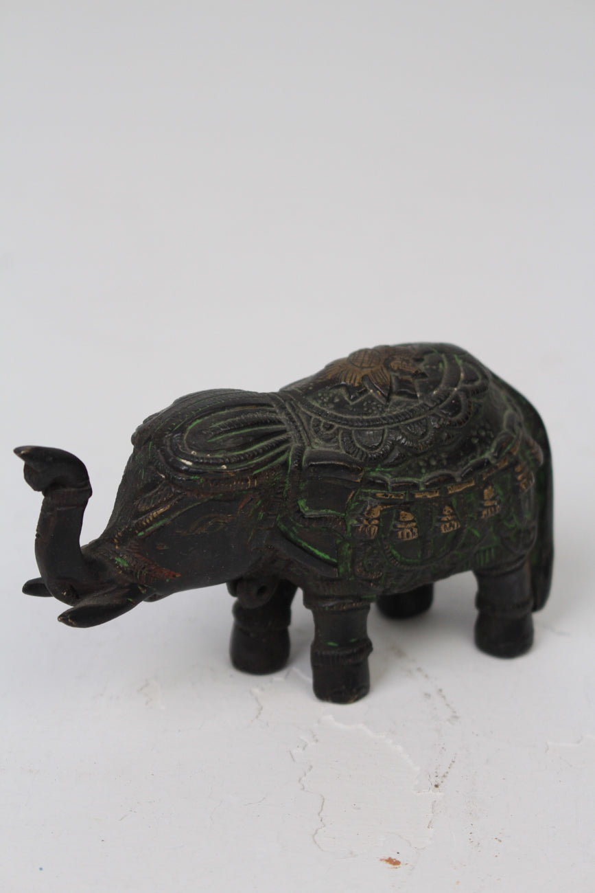 Dark Antique Brown & Green Hand Crafted Decorative Elephant in Metal - GS Productions