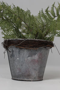 Old Rusted Grungy Silver Planter with Green Artificial Fern/ Plant 5" x 8" - GS Productions
