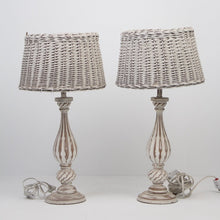 Load image into Gallery viewer, Set of 2 Weathered white Wooden Table Lamps with Cane Weaved Shades - GS Productions
