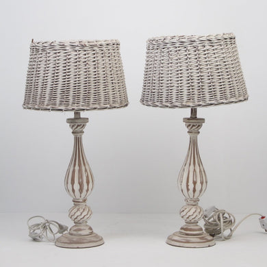 Set of 2 Weathered white Wooden Table Lamps with Cane Weaved Shades - GS Productions