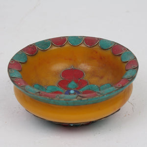 Yellow Sea Green & Red Hand Made Resin Traditional Bowl with Stone Detailing - GS Productions