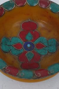 Yellow Sea Green & Red Hand Made Resin Traditional Bowl with Stone Detailing - GS Productions