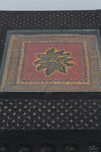 Black Carved Wooden Traditional Table with Orange & Yellow Hand Painted Ceramic Tile Covered with Glass - GS Productions