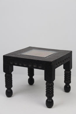 Black Carved Wooden Traditional Table with Orange & Yellow Hand Painted Ceramic Tile Covered with Glass - GS Productions
