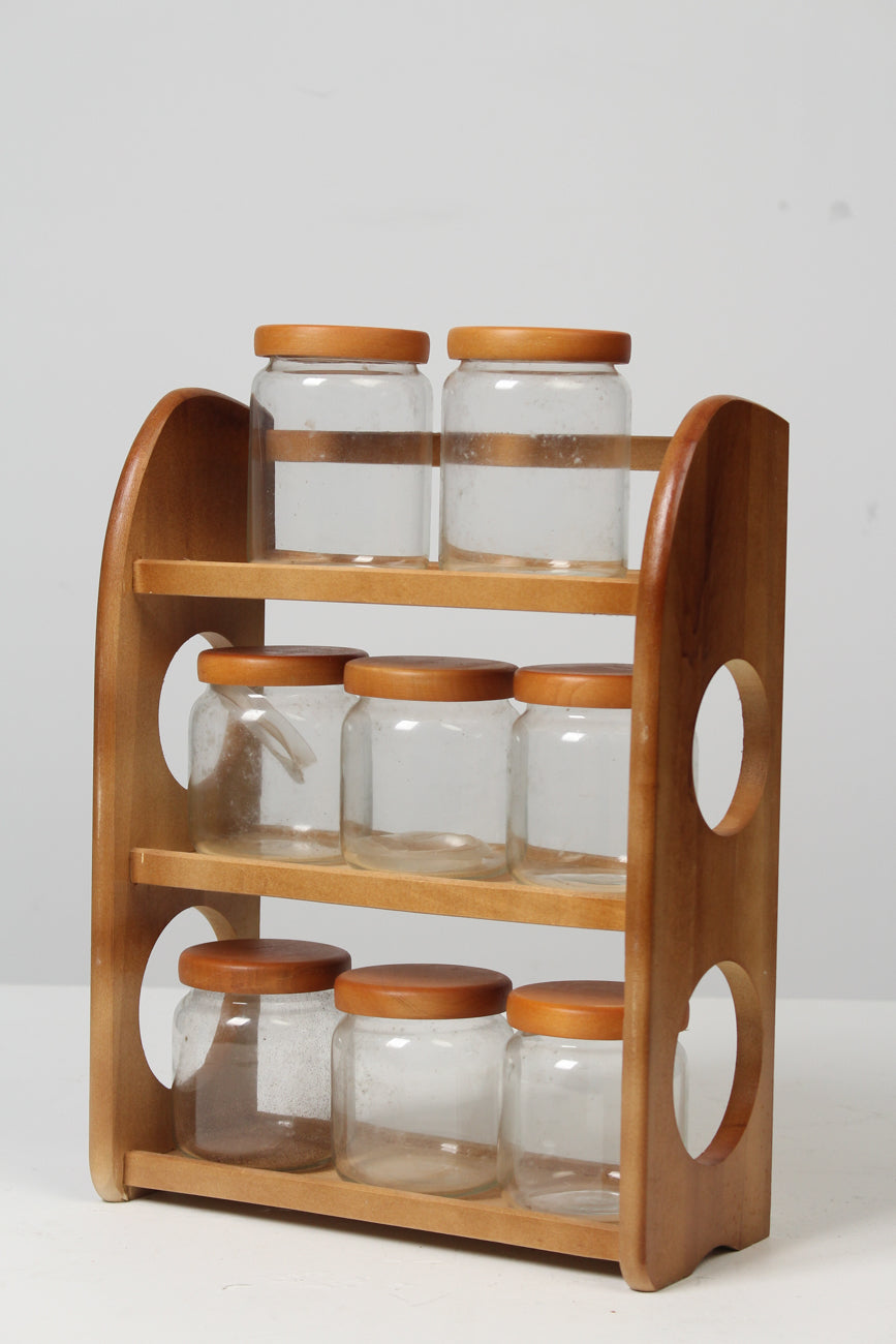 Set of 8 Brown & Glass Spice Jars With Rack - GS Productions