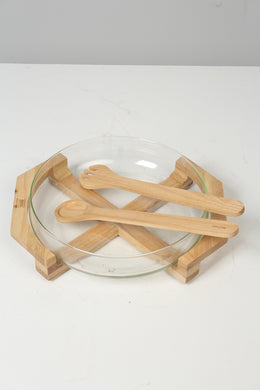 transparent Glass & Brown Wooden Salad Bowl Set - GS Productions