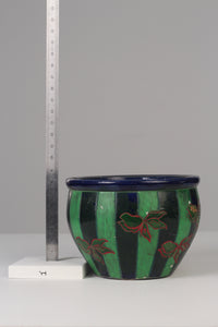 Green , deep blue & red hand painted glazed ceramic planter / decorative pot  11"x 8.5" - GS Productions