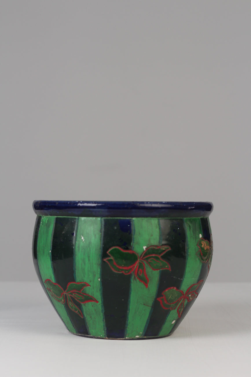 Green , deep blue & red hand painted glazed ceramic planter / decorative pot  11