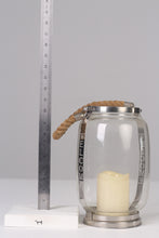 Load image into Gallery viewer, Chrome Silver Transparent glass candle lantern with rope handle 11&quot; - GS Productions

