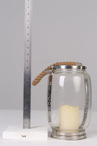 Chrome Silver Transparent glass candle lantern with rope handle 11" - GS Productions