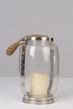 Load image into Gallery viewer, Chrome Silver Transparent glass candle lantern with rope handle 11&quot; - GS Productions
