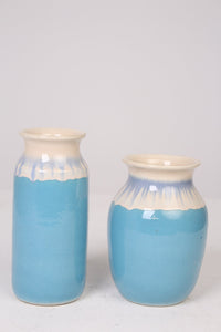 Set of 2 White & Blue glazed ceramic pots / vases 09" - GS Productions