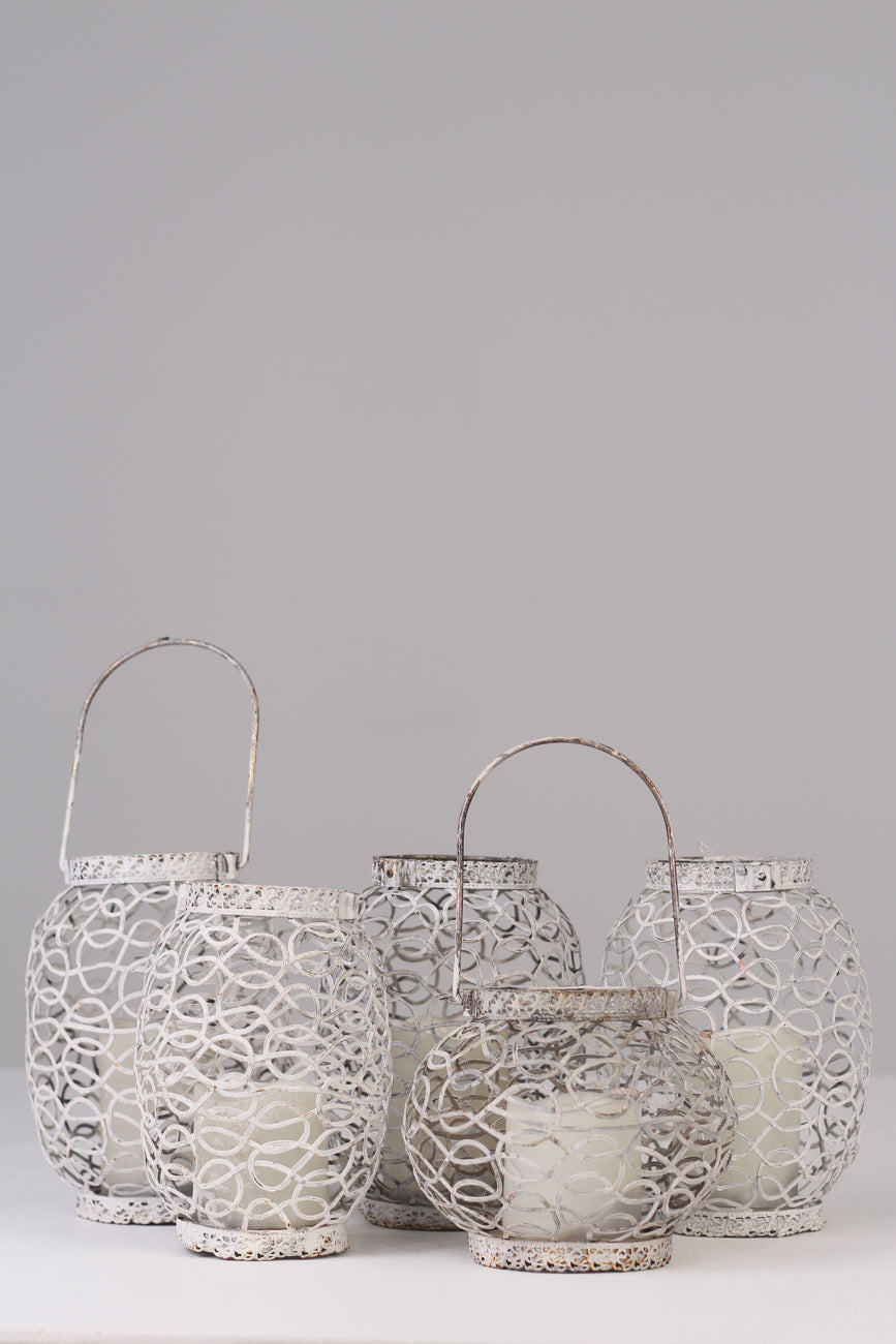Set of 5 Weathered white candle lanterns 07