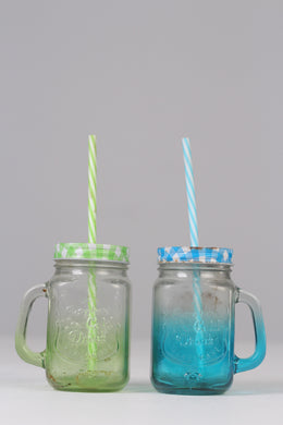 Set of 2 Green & Blue juice jars with lid and straws for kids  06