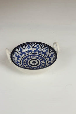 bone white with blue detailing porcelain soup bowl with handles. - GS Productions