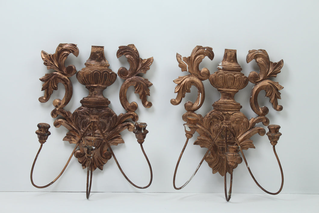 Set of 2 Antique Gold Carved Wooden Candle Holder Wall Mount 18