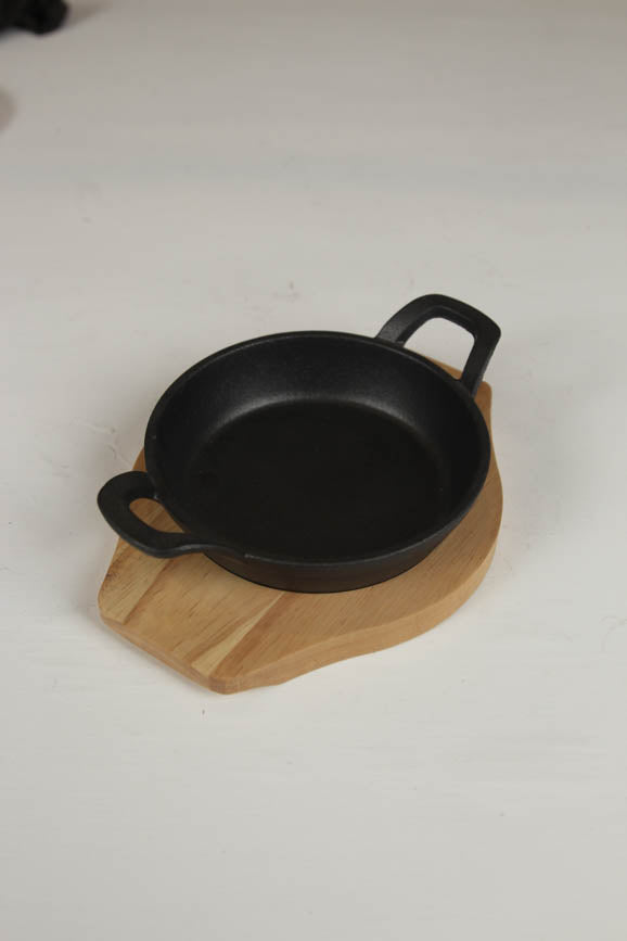 black matte metal pot with handles with wooden base/platter. - GS Productions