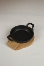 Load image into Gallery viewer, black matte metal pot with handles with wooden base/platter. - GS Productions
