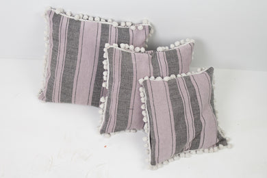 Set of 3 Soft Cushions in Purple & Grey with Pomp Pomp Lace - GS Productions
