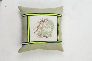 Set of 4 Soft Cushions Green,Pink & White with Print + Embroidery with Tape Details - GS Productions