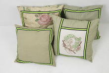 Load image into Gallery viewer, Set of 4 Soft Cushions Green,Pink &amp; White with Print + Embroidery with Tape Details - GS Productions
