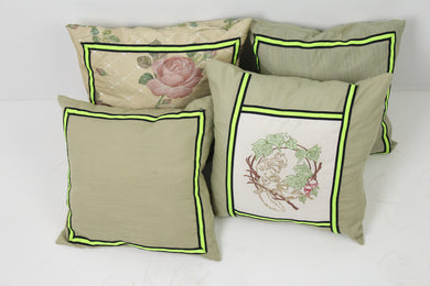 Set of 4 Soft Cushions Green,Pink & White with Print + Embroidery with Tape Details - GS Productions