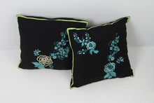 Load image into Gallery viewer, Set of 2 Soft Cushions in Black &amp; Blue Embroidery with Neon Tape Details - GS Productions

