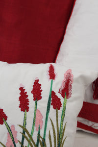 Set of 6 Soft Cushions in White & Red with Embroidery,Teasels + Tape Details - GS Productions