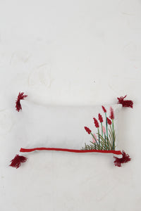 Set of 6 Soft Cushions in White & Red with Embroidery,Teasels + Tape Details - GS Productions