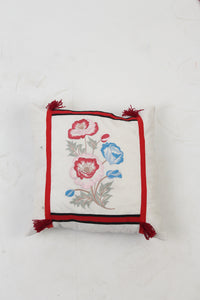 Set of 6 Soft Cushions in White & Red with Embroidery,Teasels + Tape Details - GS Productions