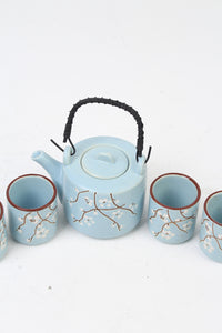 Light Blue, White & Brown Ceramic Chinese Green Tea Set (1 kettle, 4 cups ) - GS Productions