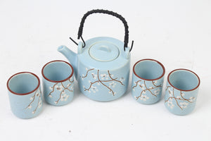 Light Blue, White & Brown Ceramic Chinese Green Tea Set (1 kettle, 4 cups ) - GS Productions