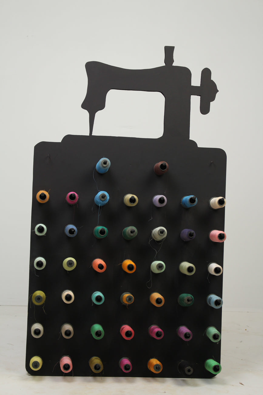Black Decorative Wooden Cut out of Sewing Machine with Multiple Coloured Silk Tread Cones - GS Productions