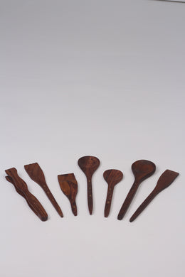 Set of 7 Brown wooden traditional serving  Spoons with inlay design - GS Productions