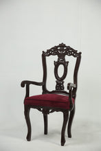 Load image into Gallery viewer, Dark brown carved wooden arm chair with maroon poshish. - GS Productions
