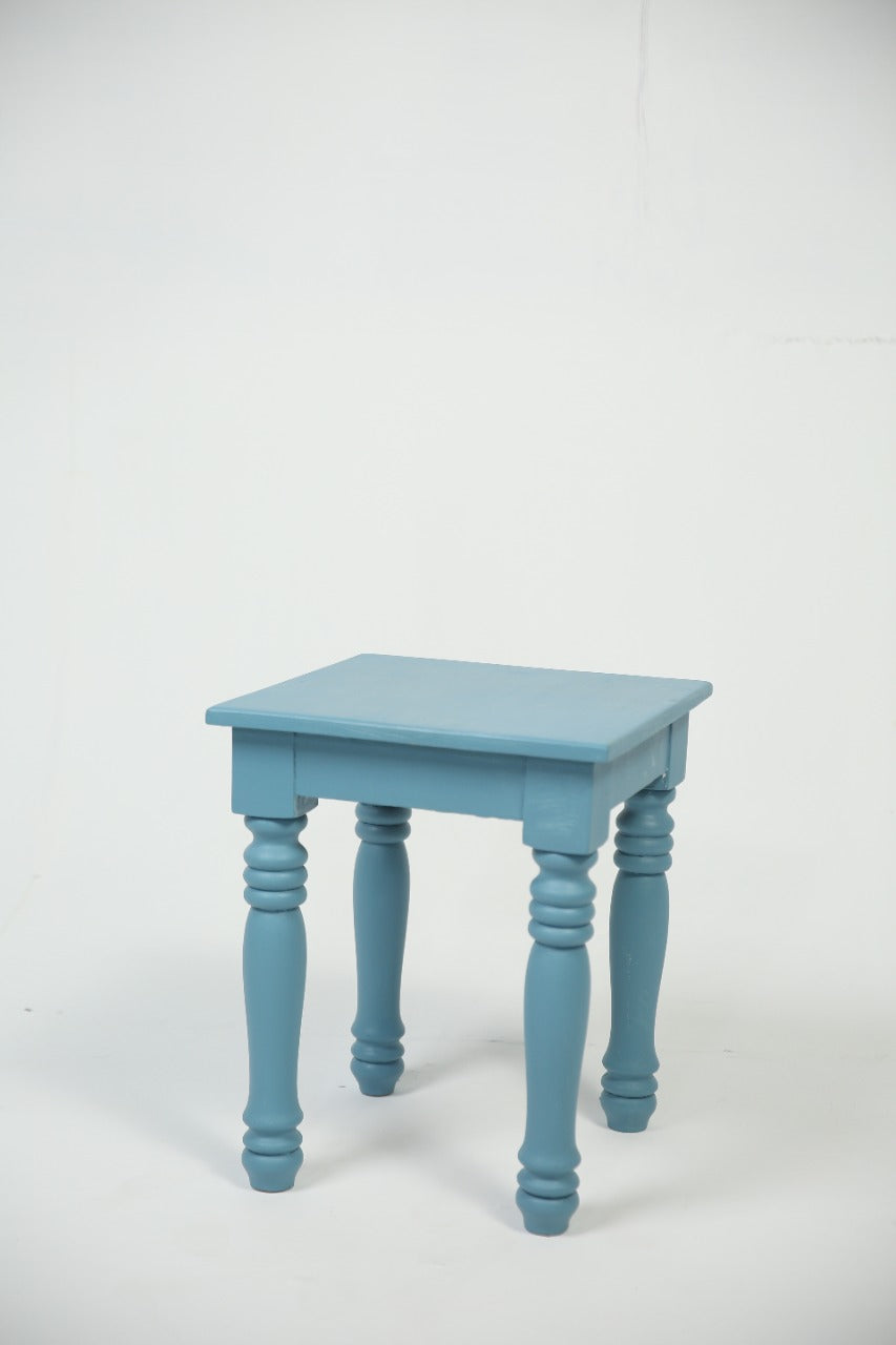 cyan coloured wooden low heighted stool. - GS Productions