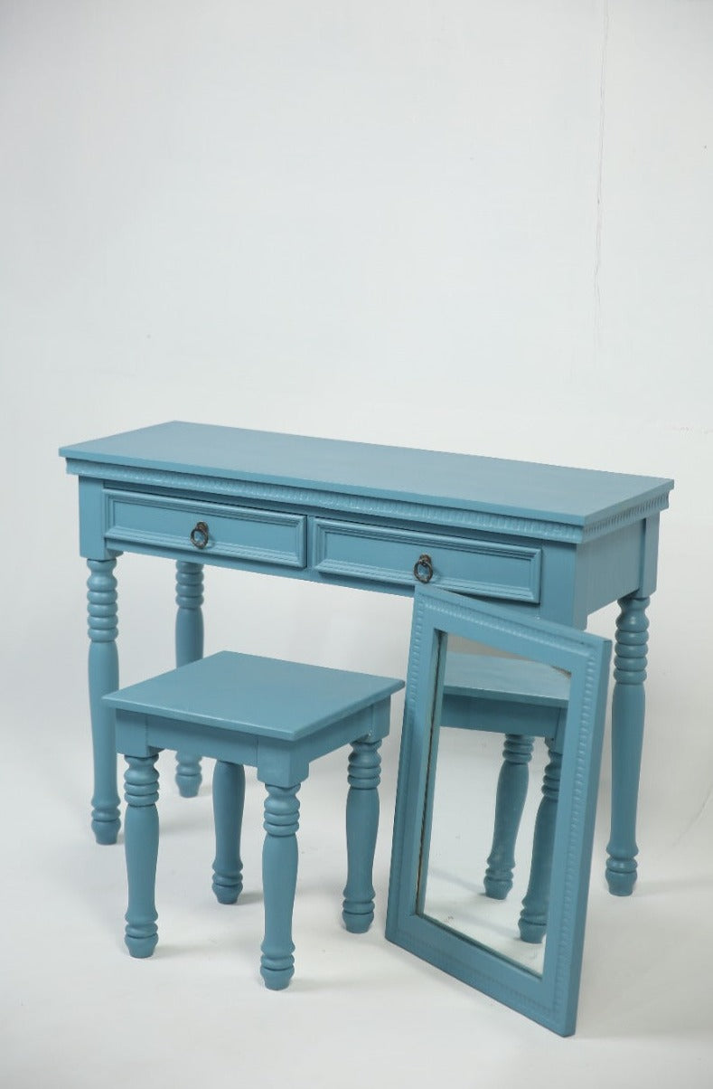 set of 3 cyan coloured wooden carved console+stool+mirror. H, 2.6 w,3.5 - GS Productions