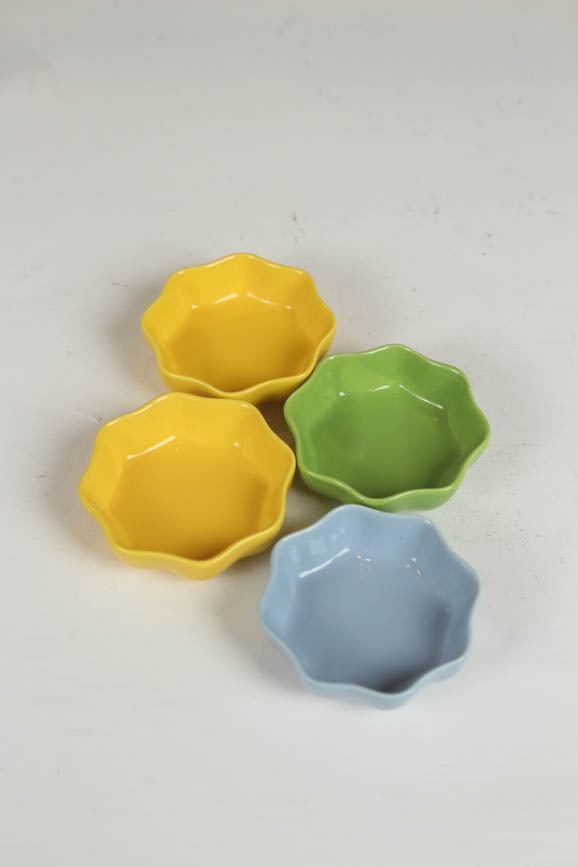 set of 4 yellow, blue, green porcelain ramekin/sauce dish. - GS Productions
