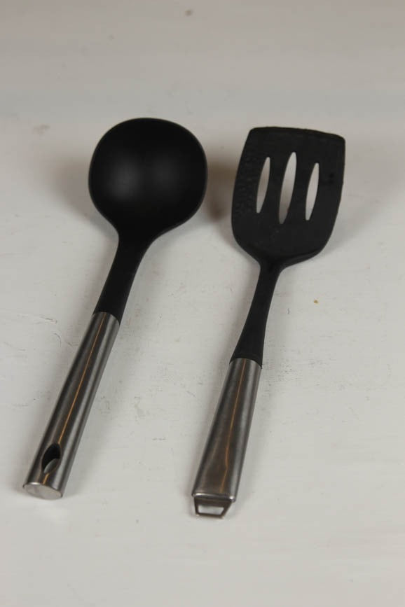 set of 2 black & silver cooking spoons. - GS Productions