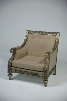 Antique wooden carved dull gold Armchair with beige fabric Poshish. - GS Productions