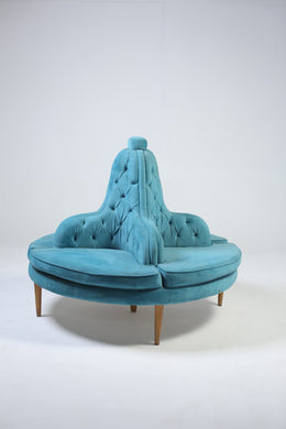 Luxury baroque round sofa with dull gold legs with skyblue velvet poshish. - GS Productions