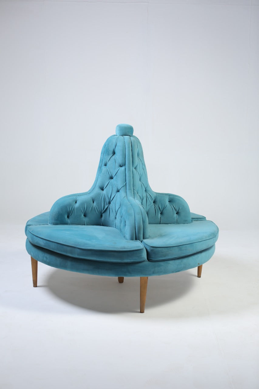 Luxury baroque round sofa with dull gold legs with skyblue velvet poshish. - GS Productions