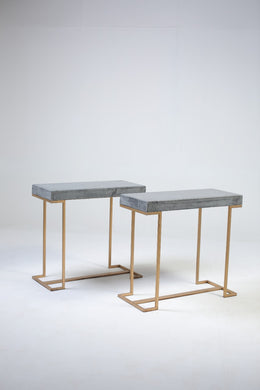 set of 2 console tables Grey marble top with dull gold iron legs. - GS Productions