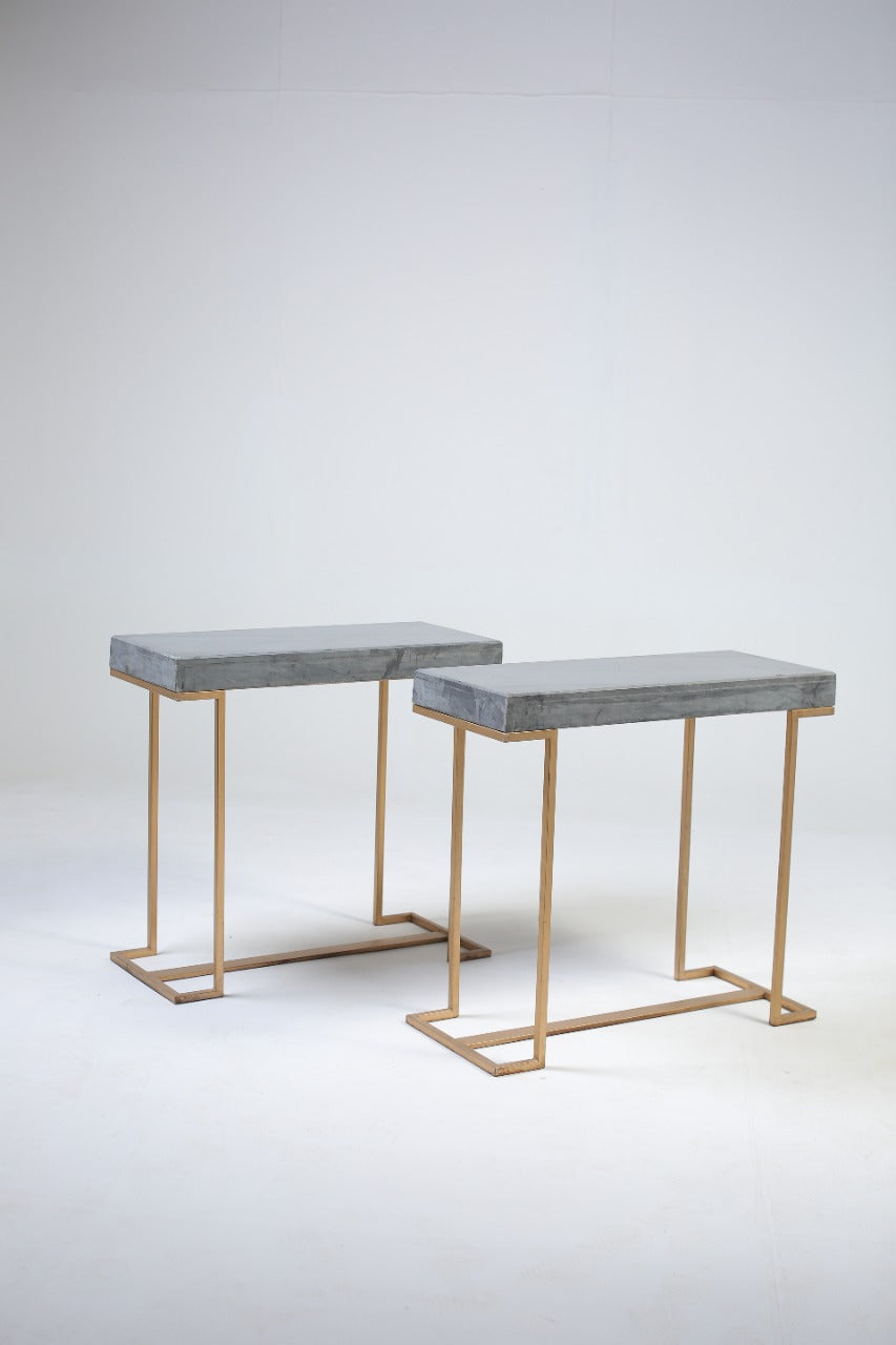 set of 2 console tables Grey marble top with dull gold iron legs. - GS Productions