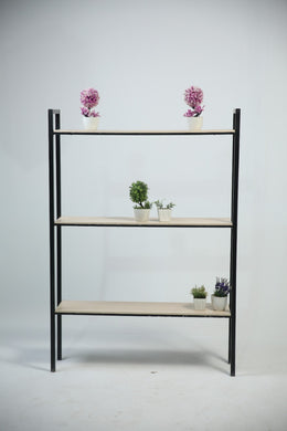 Book shelf Light wooden veneer shelves with black painted iron frame. - GS Productions