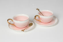 Load image into Gallery viewer, White &amp; Pink bone china tea cups with golden tea spoons - GS Productions
