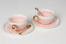 Load image into Gallery viewer, White &amp; Pink bone china tea cups with golden tea spoons - GS Productions
