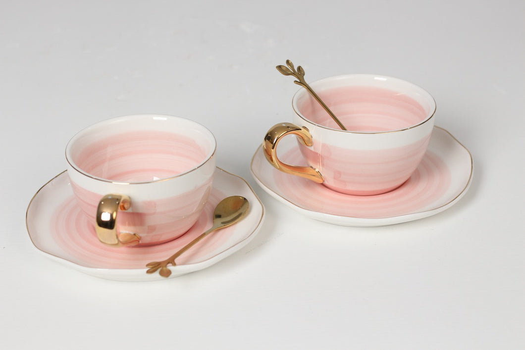 White & Pink bone china tea cups with golden tea spoons - GS Productions